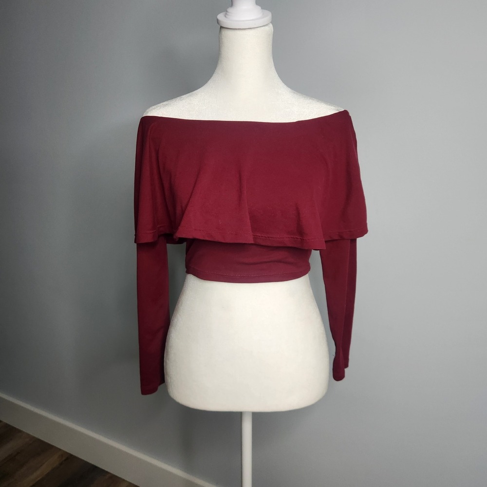 Capella Off Shoulder Crop Top Women S Burgundy Excellent Ruffle Bardot Flirty